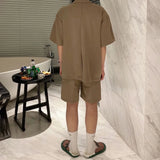 Men  Casual Suit Trendy New Neutral Solid Blazer Collar Shirts LGBT Design Short-sleeved Blouse Shorts Two-piece Set
