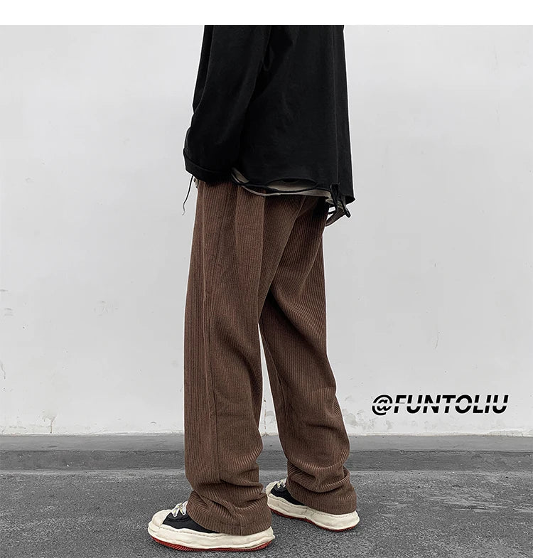 spring brown black corduroy pants men fashion retro casual pants men streetwear loose hip hop straight pants mens trousers m 2xl unique default style 3771