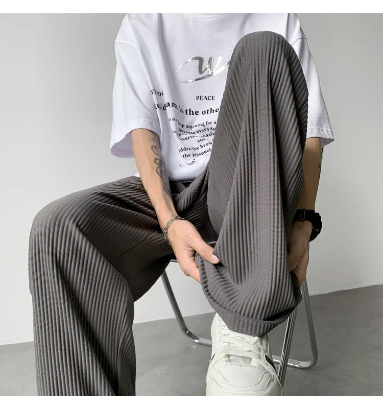 summer pleated pants men fashion oversized ice silk pants men japanese streetwear hip hop loose straight pants mens trousers unique default style 1238