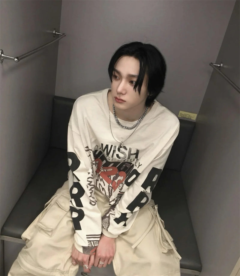 2024 Summer And Spring 123 Letter Print GYMGNO Graffiti Slogan Worn Retro Long Sleeve T Shirt Pullover Sweatshirt