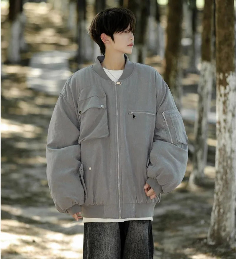 High Street Pilot Cotton Jackets Mens Thickening Winter Tooling Trendy Profile Warm Bomber Coats Unisex Baseball Collar Parkas