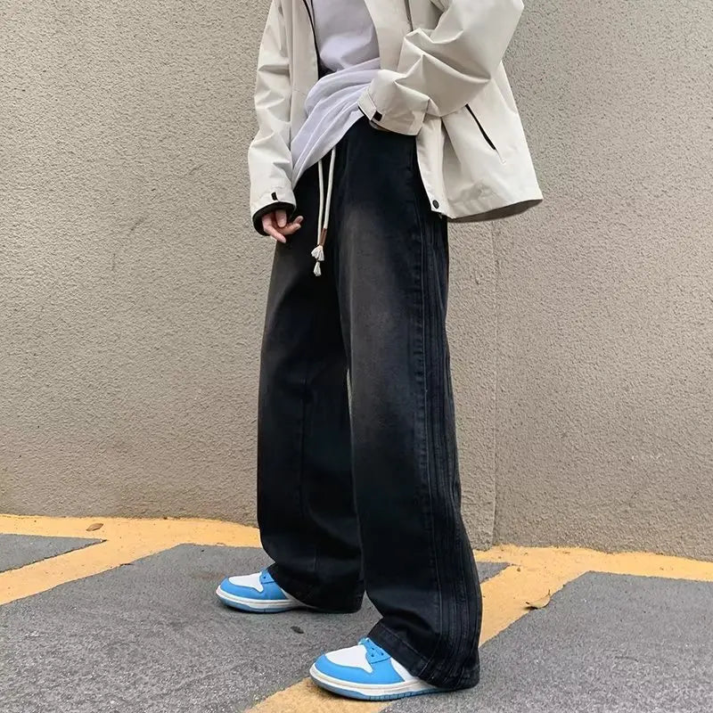 men jeans straight leg jeans boys american fashion wash old side stripes wide leg pants autumn vintage overalls denim street jeans