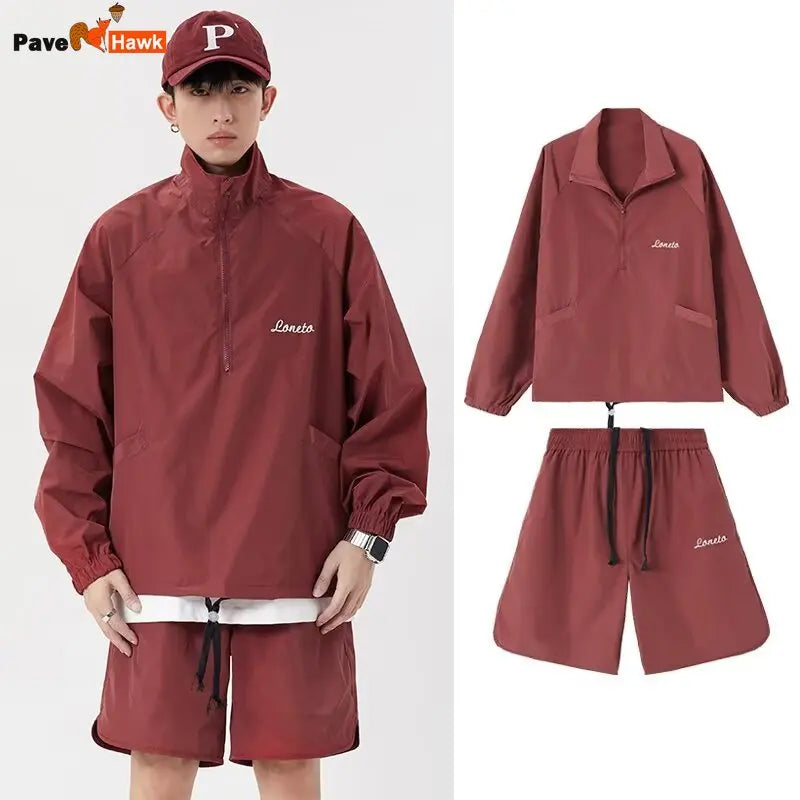 quick drying two piece set men loose casual street sweatshirt shorts y2k stand collar casual loose lightweight suits american drawstring street shorts