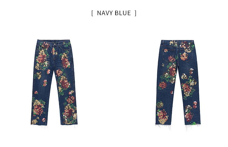 graffiti floral printed denim jean mens new casual zipper biker jeans fashion high street slim fit pants joggers hip hop jeans unique joggers style 1574