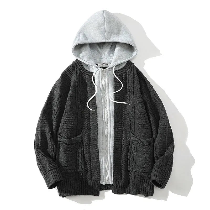 urban fashion oversized 734a02 hip quality men-hooded-knitted-cardigan-sweater-coat-autumn-winter-fake-two-piece-hooded-drawstring-jacket-unisex-streetwear fit graphic essential hop style material design high everyday streetwear - unisex print image style premium wear casual streetwear design ID 5208a
