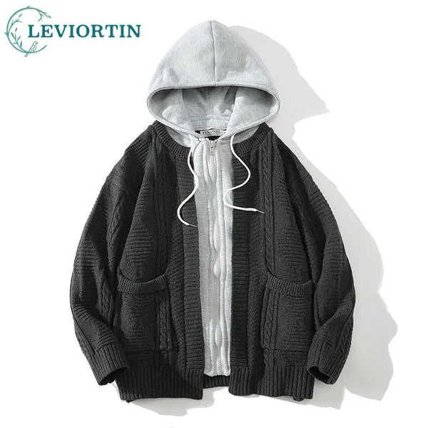 urban fashion oversized 734a02 hip quality men-hooded-knitted-cardigan-sweater-coat-autumn-winter-fake-two-piece-hooded-drawstring-jacket-unisex-streetwear fit graphic essential hop style material design high everyday streetwear - unisex print image style premium wear casual streetwear design ID 5208a