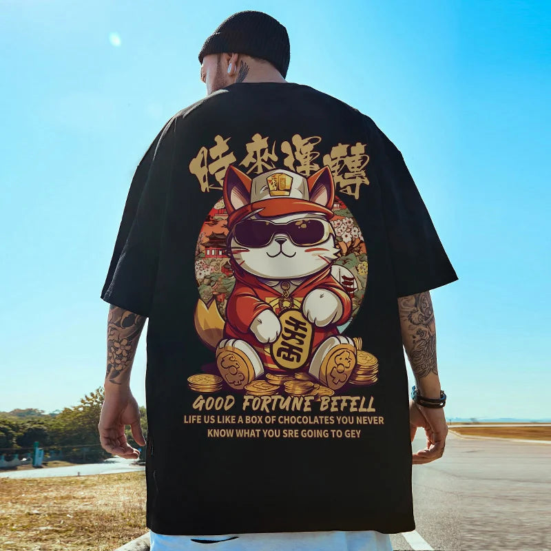 Harajuku Crying character – Good Fortune Befell Print Oversized T Shirt For Men Anime Ca