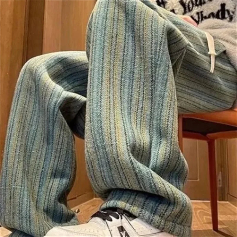 autumn striped woolen straight leg pants for men classic y2k vintage baggy trousers new casual high street fashion sweatpants casual joggers
