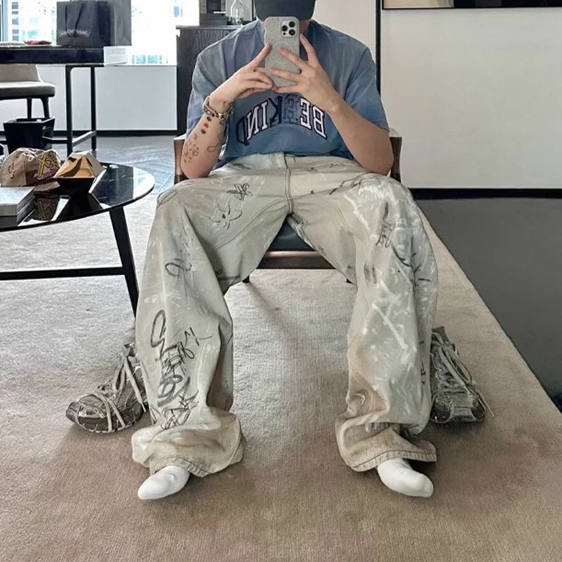 hand painted graffiti washed baggy jeans for men and women y2k streetwear pantalones hombre casual denim trousers oversized ripped baggy denim