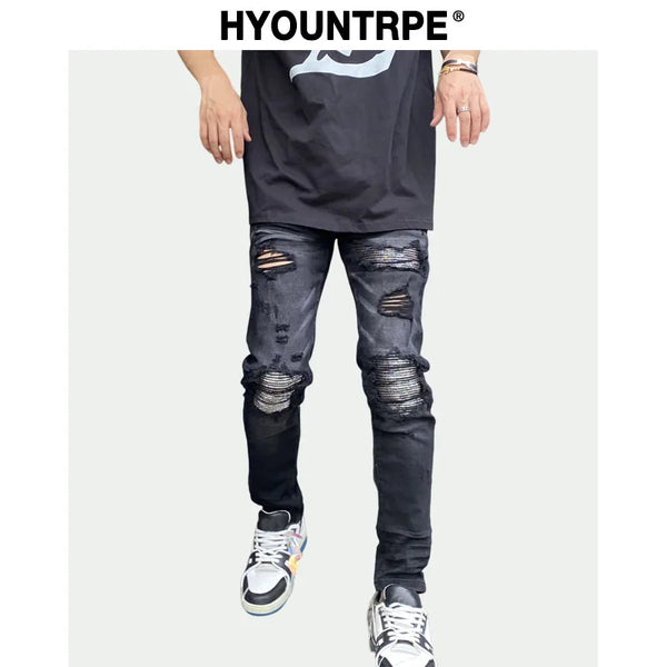 knee hole patckwork skinny denim jeans men slim biker trousers jeans fashion streetwear hip hop retro washed jean pants joggers urban active pants
