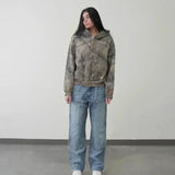American Y2K New Fleece Padded Leopard Zipper Hoodie Women Street Fash
