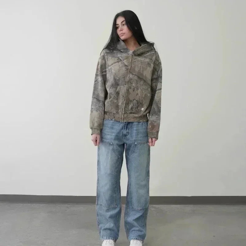 American Y2K New Fleece Padded Leopard Zipper Hoodie Women Street Fash