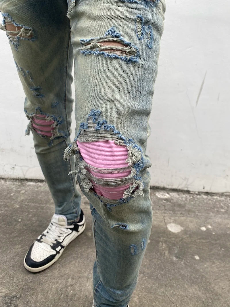 destroied ripped holes patckwork denim jean mens casual distressed washed biker jeans new fashion high street slim pants joggers urban active pants
