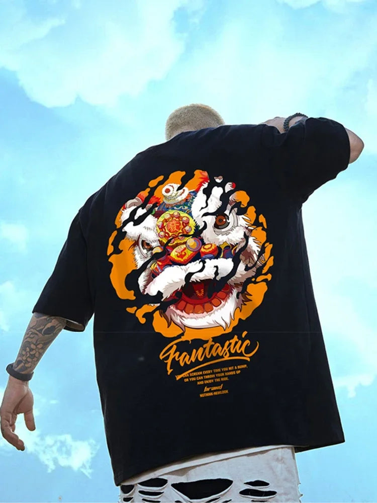 Gothic Barcode glitch – Funny Dancing Lion Print Man T Shirt Cotton Crewneck