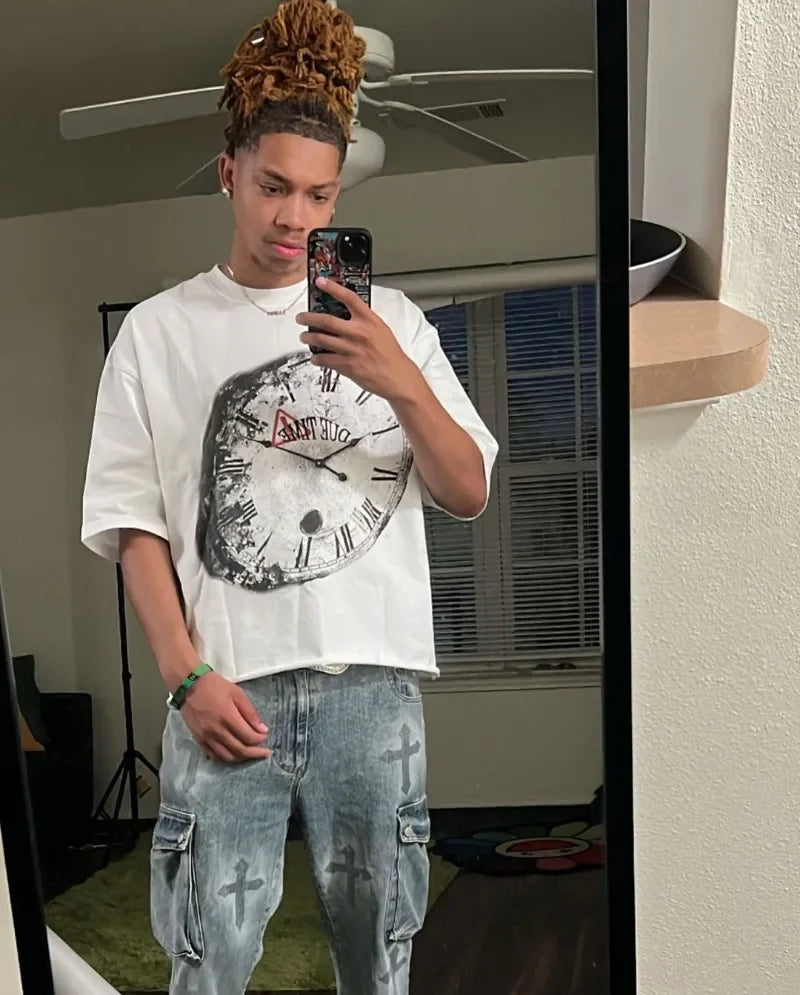Retro Versatile Fashion Cartoon Print Oversized Short-sleeved T-shirt Women Y2k Harajuku Hip-hop Gothic Punk Loose Shirt Top Men