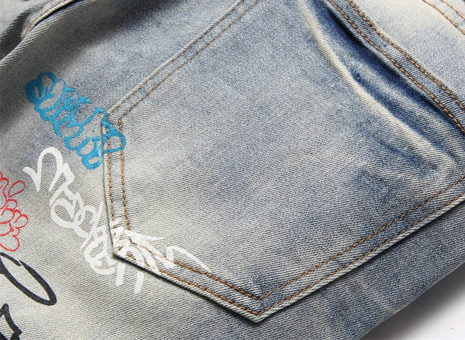 letter graffiti printed denim jeans pants mens punk bottons biker jeans streetwear slim fit hip hop new casual y2k pants joggers unique joggers style 4127
