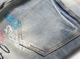 letter graffiti printed denim jeans pants mens punk bottons biker jeans streetwear slim fit hip hop new casual y2k pants joggers unique joggers style 4127