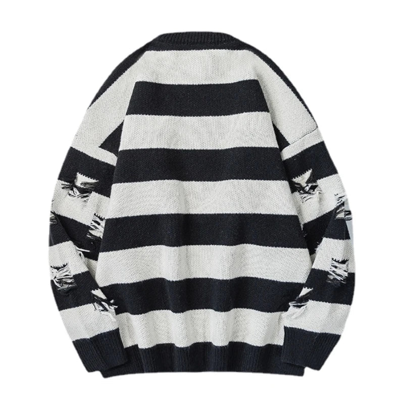 hip hop destroyed ripped holes knitted sweater mens casual striped pullover sweater unisex harajuku streetwear new autumn jumper - anime inspired graphic hoodie, vintage look oversized hoodie, unisex casual winter pullover
