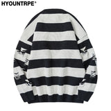 hip hop destroyed ripped holes knitted sweater mens casual striped pullover sweater unisex harajuku streetwear new autumn jumper - anime inspired graphic hoodie, vintage look oversized hoodie, unisex casual winter pullover