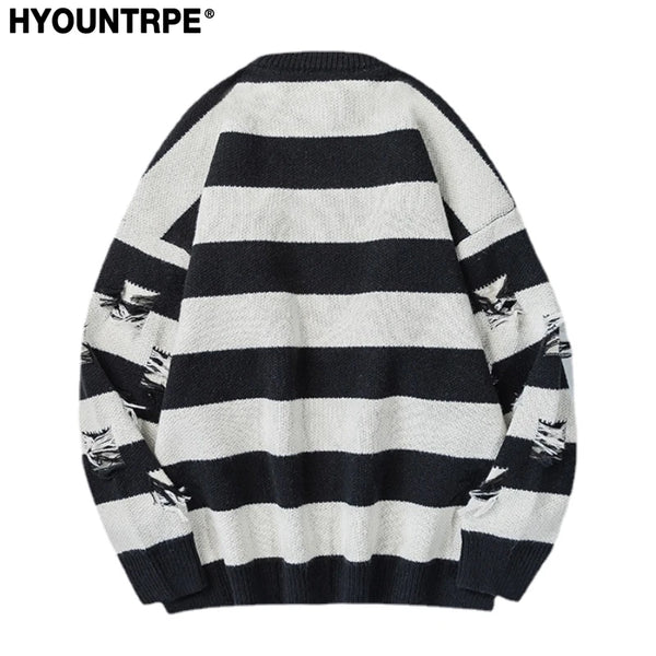 hip hop destroyed ripped holes knitted sweater mens casual striped pullover sweater unisex harajuku streetwear new autumn jumper - anime inspired graphic hoodie, vintage look oversized hoodie, unisex casual winter pullover