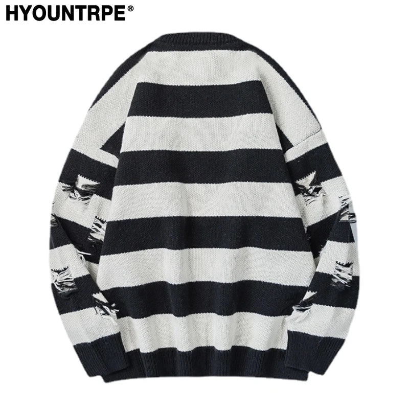 hip hop destroyed ripped holes knitted sweater mens casual striped pullover sweater unisex harajuku streetwear new autumn jumper - anime inspired graphic hoodie, vintage look oversized hoodie, unisex casual winter pullover