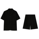 Men  Casual Suit Trendy New Neutral Solid Blazer Collar Shirts LGBT Design Short-sleeved Blouse Shorts Two-piece Set