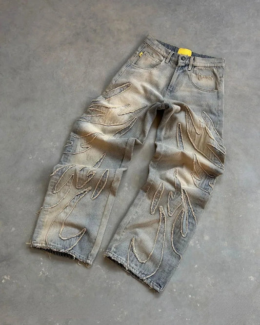 2023 american trendy gothic patchwork raw edge embroidered high waist jeans mens retro loose buttoned wide leg pants womens ripped baggy denim