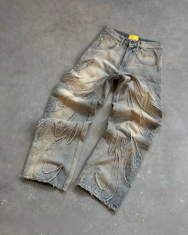 2023 american trendy gothic patchwork raw edge embroidered high waist jeans mens retro loose buttoned wide leg pants womens ripped baggy denim