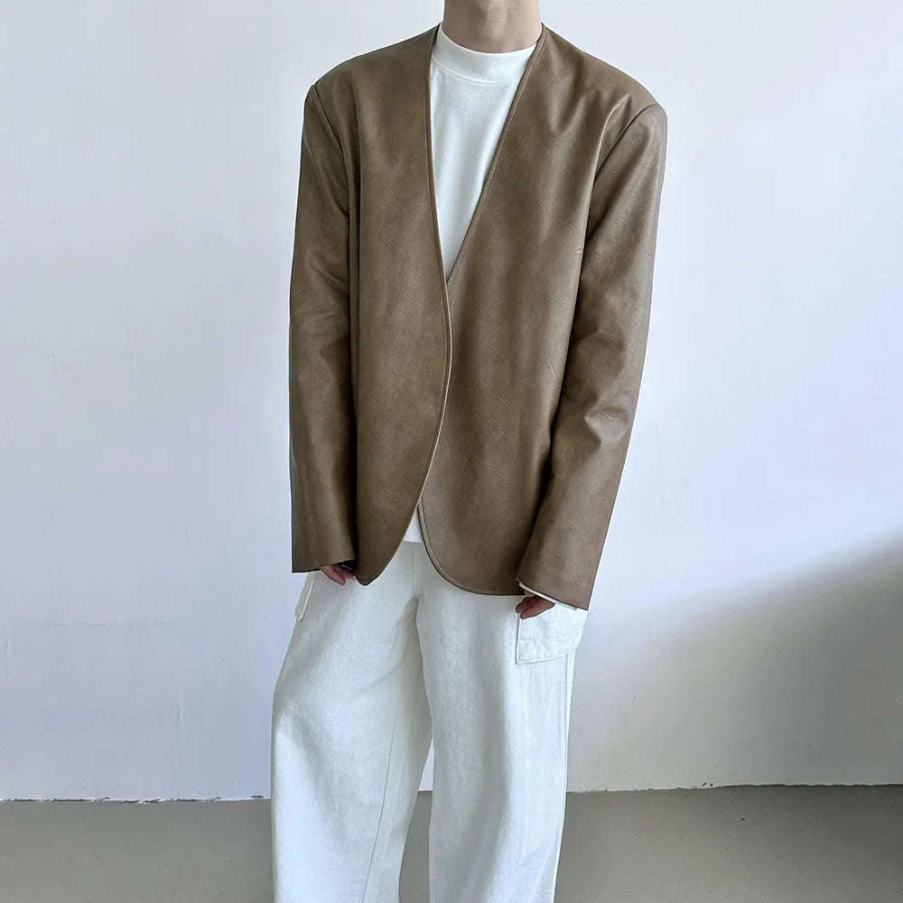 Mens Pu Leather Suit Jacket British Cardigan Casual Jacket Autumn Streetwear Campus Versatile Long-Sleeve Top Men'S Clothing