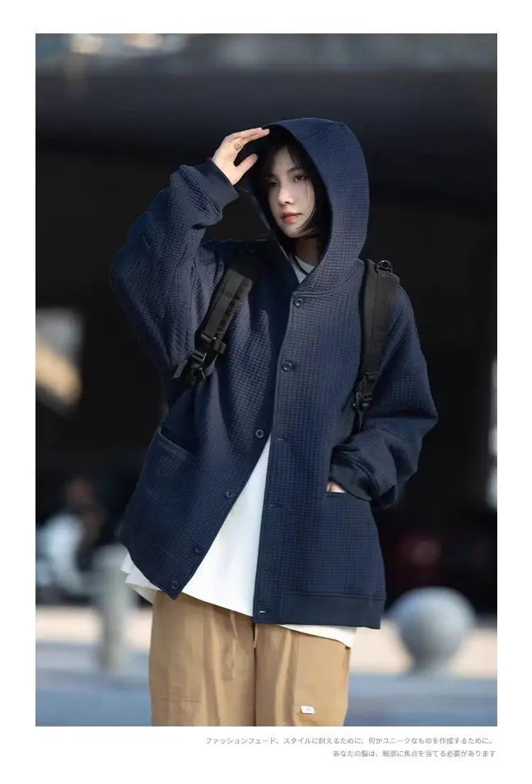 Korean Retro Y2K Waffle Hooded Jacket for Men and Women Ins Harajuku Style Casual Loose