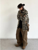 japanese college mens sets rough edge embroidery plaid shirt jackets big pocket retro cargo pants 2 pcs 2024 new casual suits unique cargo style 4439