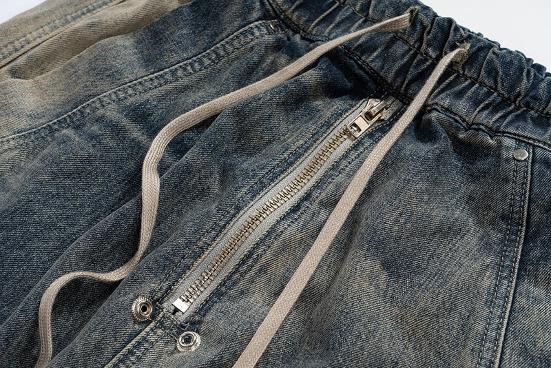 RO Style Gradient Ribbons Multi-pockets Drawstring Jeans for Men Harajuku Streetwear Baggy Y2K Denim Trousers Oversized Cargos