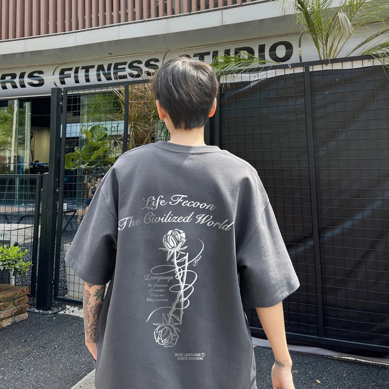 Y2k Angelcore design – Gothic Letter Rose Printed T Shirt Men Hip Hop Fashion Overs