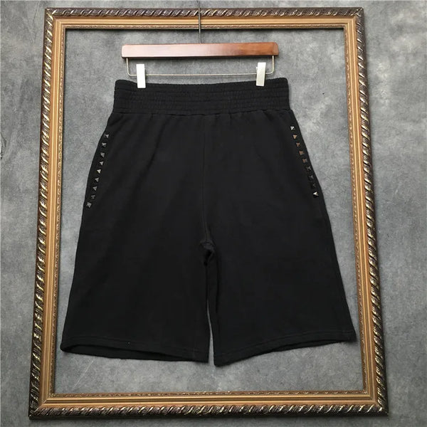 New Novelty high quality Men Luxury Side Metal Rivets Comfortable Classic Striped Skateboard Street Cotton Casual Shorts #D51
