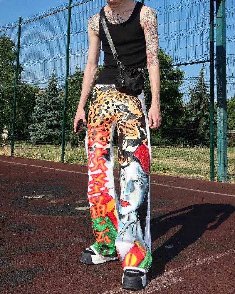 european and american trendy brand anime cartoon print oversized jeans men y2k casual loose high waist washed wide leg pants vintage washed jeans