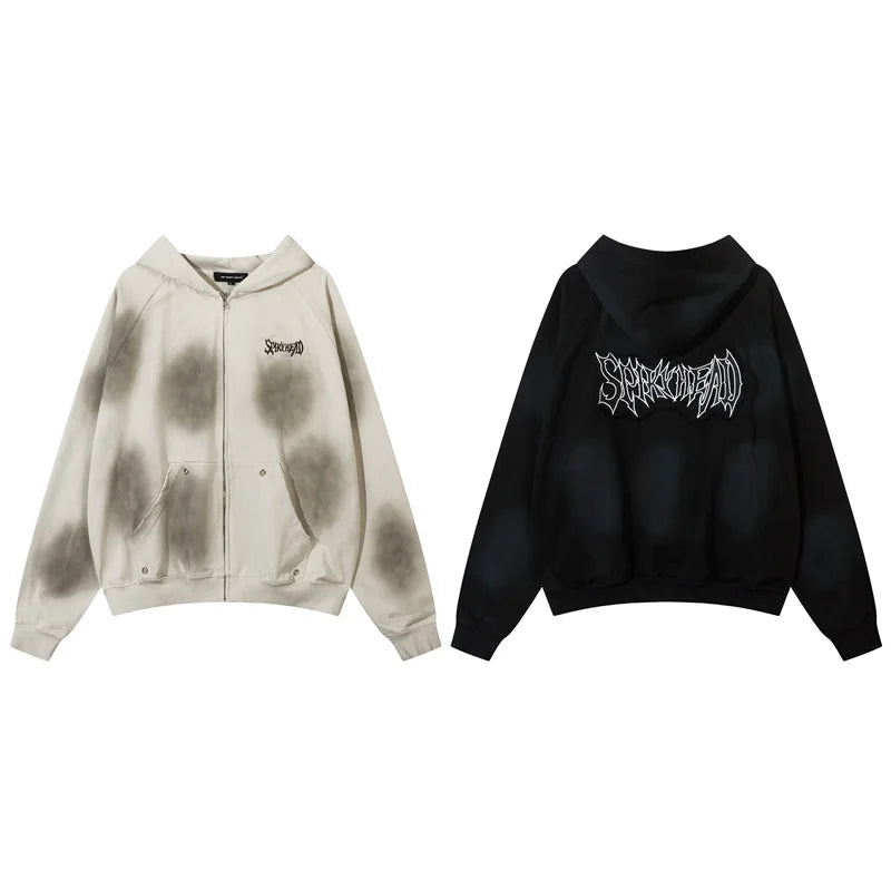 Vintage Zip Up Hoodie Jacket Y2K Punk Gothic Loose Washed Hooded Sweat