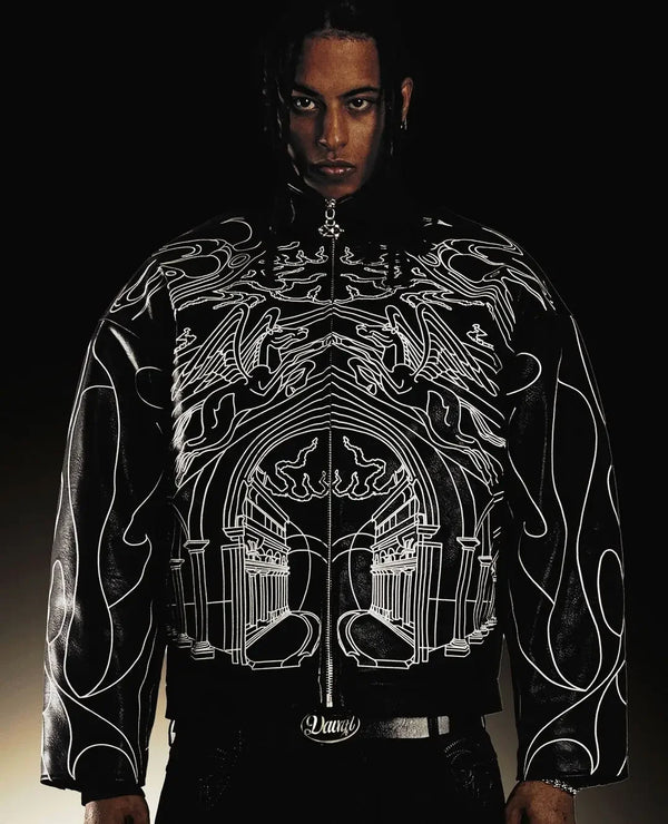 techwear zip bomber, urban fashion, for men, fall streetwear outfit, oversized style, layered fashion, modern aesthetic, graphic detail