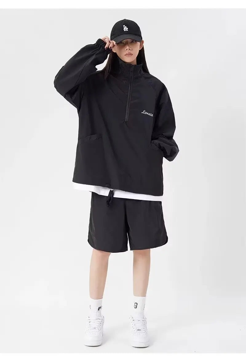 quick drying two piece set men loose casual street sweatshirt shorts y2k stand collar casual loose lightweight suits american unique shorts style 494