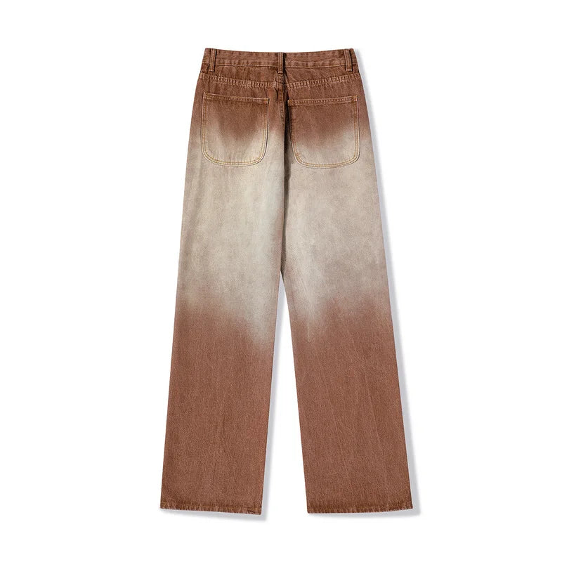 rainbowtouches mens washed jeans vintage high street gradient fashion trends zipper jeans loose straight long pant casual pants unique jeans style 3516