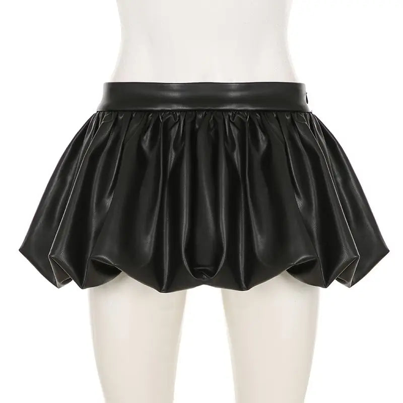 IAMHOTTY European and American Puff Flower Bud Leather Skirt Fashion Solid Color Versatile Leather Short Skirt  y2k skirt