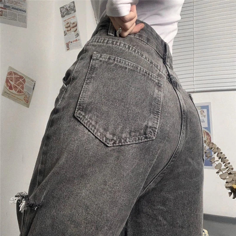 xpqbb vintage streetwear dark gray jeans women y2k high waist ripped denim trousers female 2022 new design loose wide leg pants unique jeans style 2779