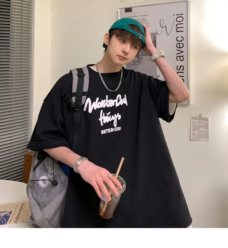 Korean style new Hong Kong style trendy letter printed short-sleeved trend loose and versatile casual couple half-sleeved top