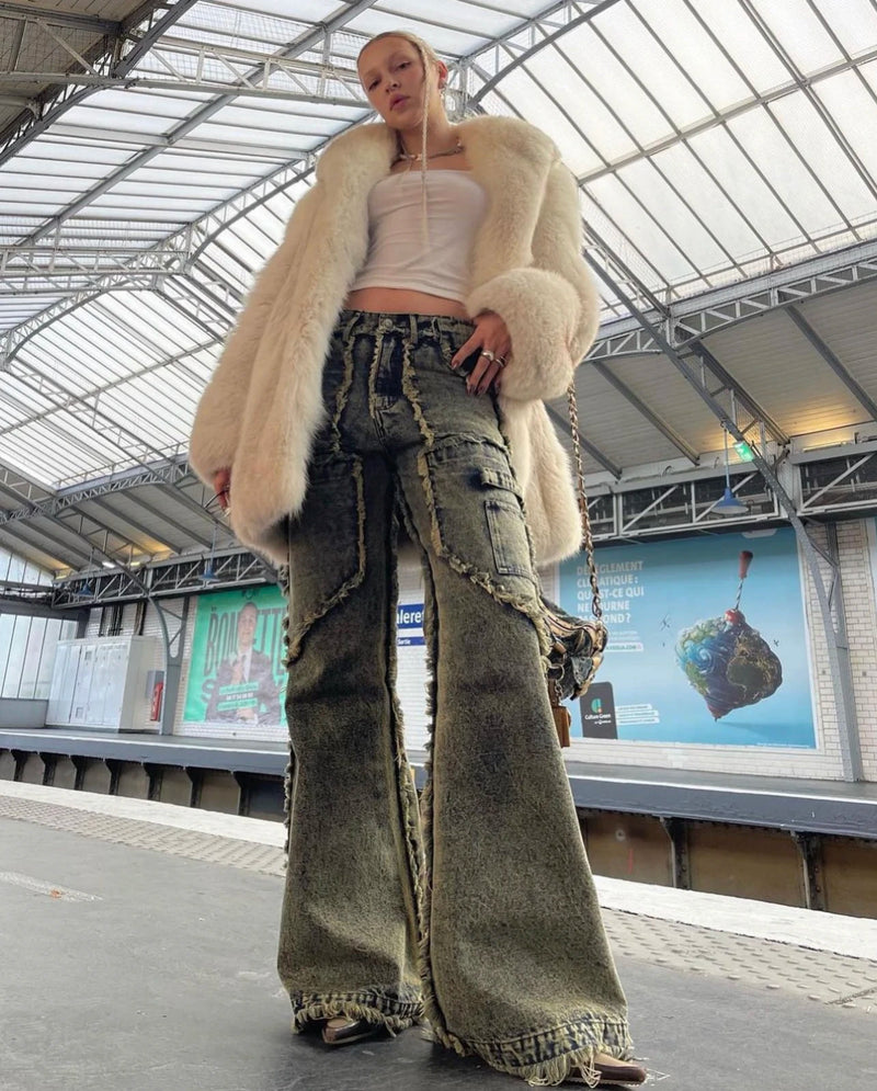 streetwear heavy craft washed distressed faded jeans flare slim straight tassel jeans for men and women raw edge denim pants unique jeans style 655