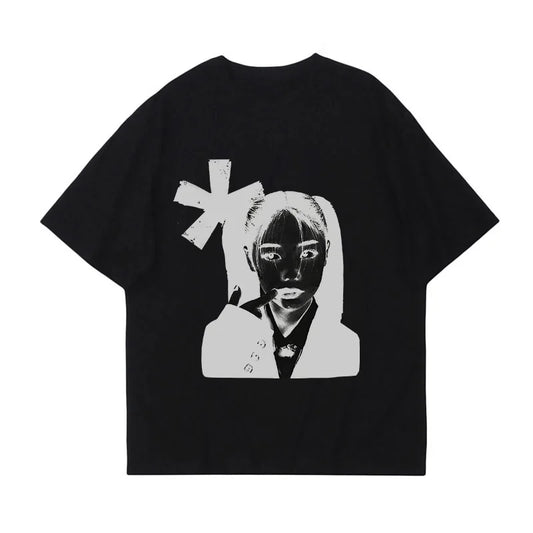 oversized harajuku shirt with comic block blur and hip hop vibes