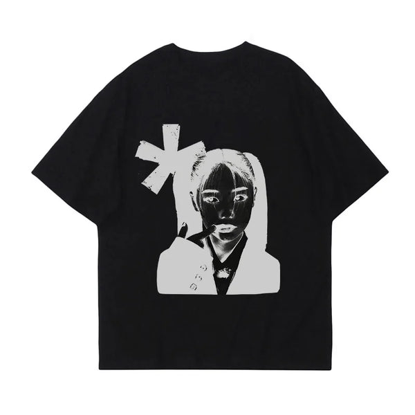oversized harajuku shirt with comic block blur and hip hop vibes