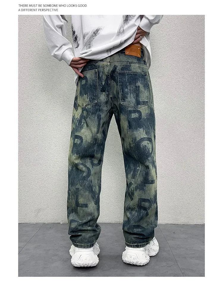 men loose casual american high street hip hop vibe printed denim baggy jeans pants man streetwear ripped jeans trousers unique jeans style 3094