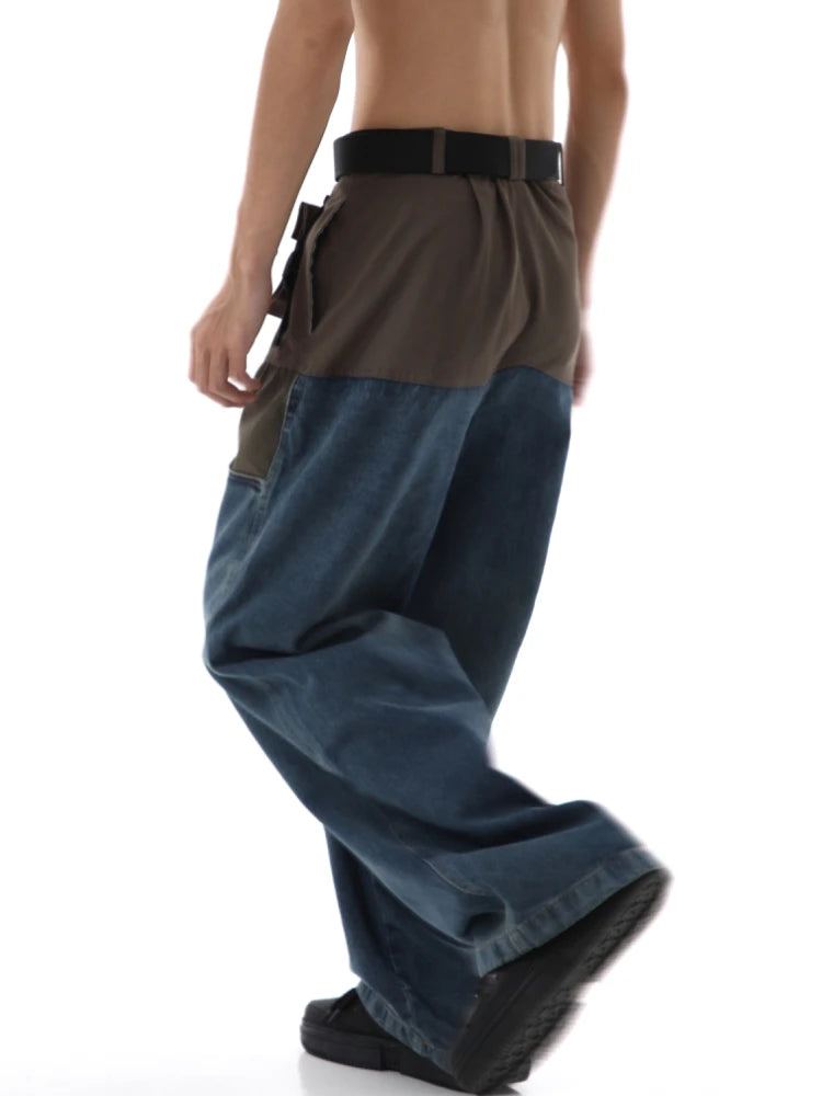 high street cargo pocket patchwork denim jeans pants unisex fashion loose wide leg straight functional tactics pants joggers men relaxed fit joggers