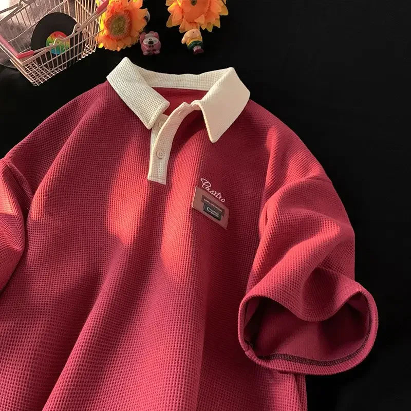 Hip Hop American Street Men and Women Trendy Personality Polo Shirt Short sleeved Summer Waffle Vintage Casual Tops harajuku y2k