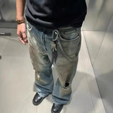 damaged washed blue baggy jeans for men straight hole distressed casual cargo pants frayed streetwear denim trousers oversized unique cargo style 5289