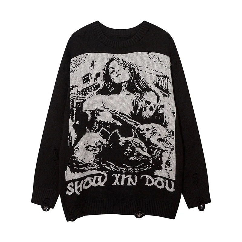 fashion hip hop knitted sweater men autumn winter o neck anime pattern pullover streetwear casual loose sweaters jumper knitwear unique limited edition hoodie, streetwear fashion hoodie, high quality cotton pullover